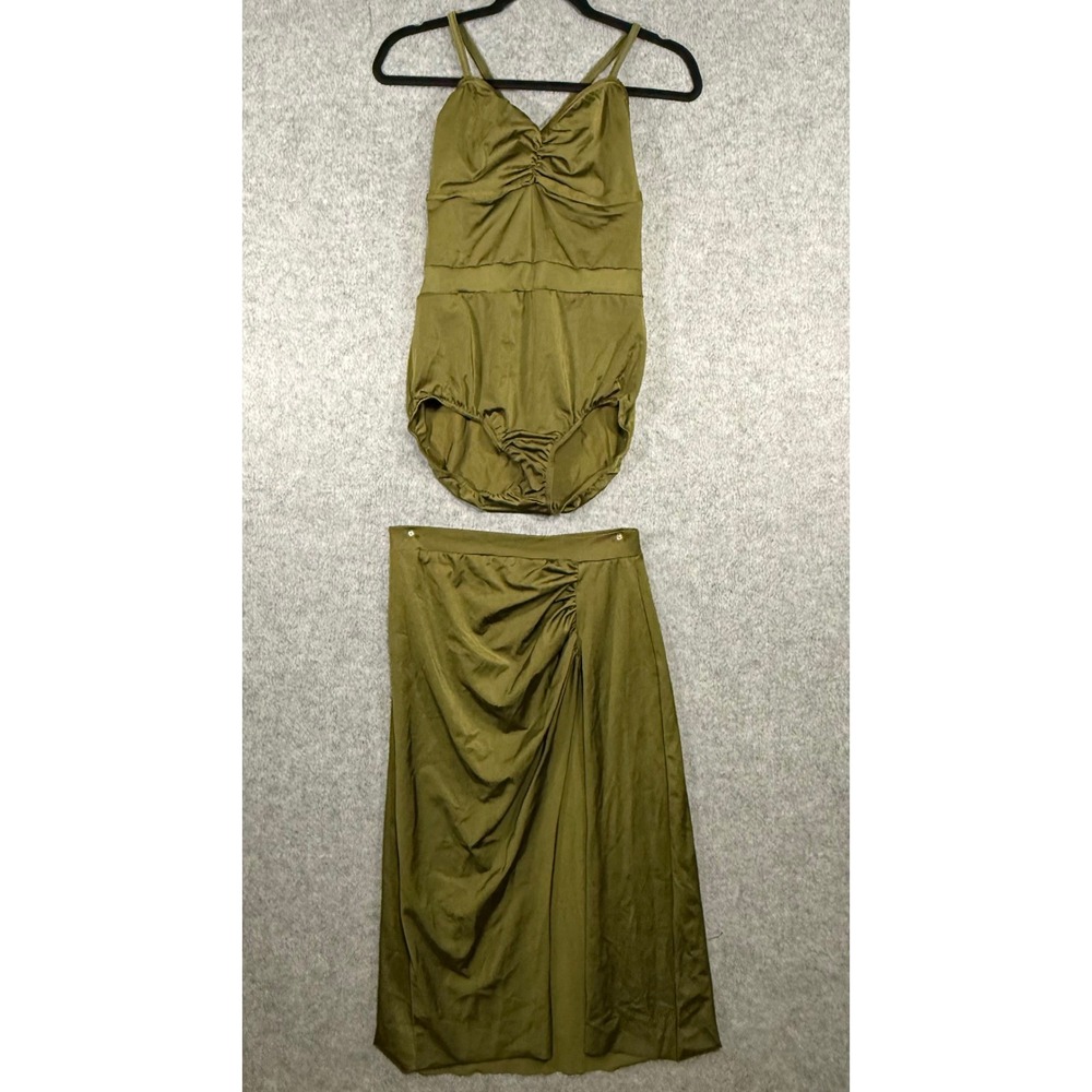 Kelle Dance Leotard and Skirt Set Women Large Olive Green Ruched Performance